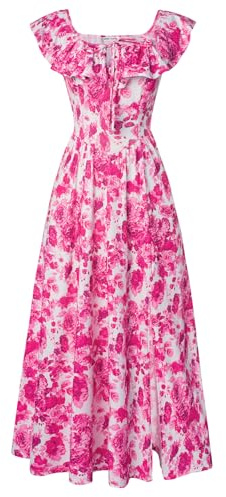 GRACE KARIN Women Summer Maxi Dress Casual Floral Wedding Guest Dresses A-line Split Square Neck Sundress with Pockets Rose Red Floral XXL