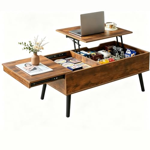 JanflyHome Couchtisch Höhenverstellbar mit Viel Stauraum, Vintagebraun | mit Schiebeplatte, 2 Großen Versteckten, Modern Wohnzimmertisch für Wohnzimmer, 100 x 50 x 43.5 cm