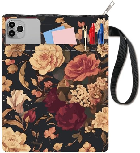 craspire 11x8.6 Zoll Buchhülle Schwarzer Vintage Blumenschutz Buchumschläge Taschenbücher Waschbarer Stoffbeutelgriff Mit Reißverschluss Zusätzliche Vordertasche Für Buchliebhaber Leser