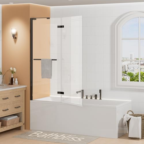 Bathbliss 48 W×60 H Hinged Foldable Tub Shower Door, 1/4(6mm) Tempered Glass with Nano Coating, Easy Install Half Bifold Glass Door for Bathtub, Matte Black
