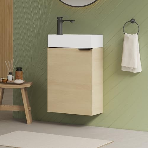 EMKE Waschbecken mit Unterschrank 41 cm, Kompaktes Waschtisch-Set mit Keramikbecken für Gäste-WC & kleines Bad, Waschtisch mit Unterschrank, Eiche