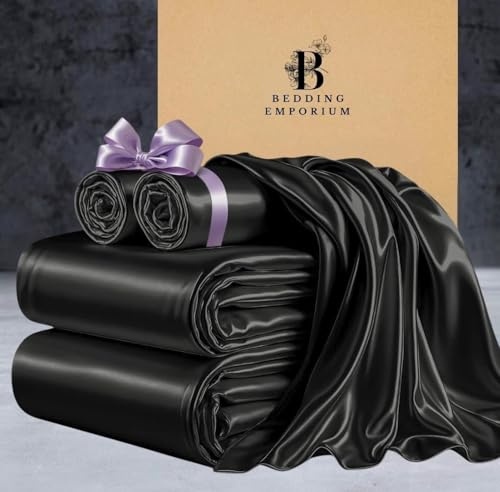 Mulberry Silk Satin 4-Piece Duvet Cover Set – Luxury Hotel Bedding – Includes Zippered Duvet Cover, Fitted Sheet & 2 Pillowcases – Soft, Wrinkle-Resistant, Affordable Elegance(Black,King)