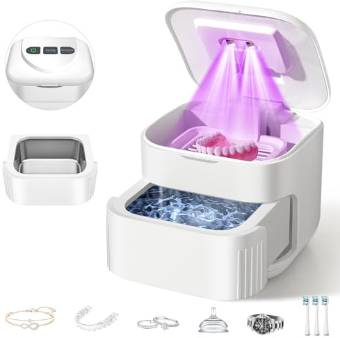 THISONG Máquina limpiadora ultrasónica de retención de 45 kHz, limpiador ultrasónico dental para dentaduras postizas y protector bucal para blanquear bandejas, cabezales de cepillo de dientes