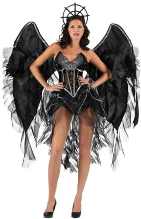 My Other Me - Disfraz ángel oscuro mujer adulto en negro | Incluye vestido negro con tul asimétrico y detalles en plateado, alas negras de gran tamaño y tocado circular rígido