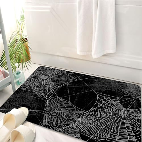 HKPOEQ Tapis Salle de Bain Antidérapant,Moelleux en Microfibre,Absorbant l'eau,Lavable en Machine,pour Douche,Motif de Toile d'araignée sur Fond Noir, Conception mystérieuse de Toile d'araig,50x80 cm