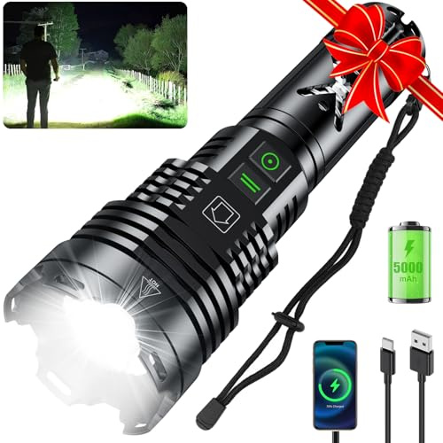 Grentay LED-Taschenlampe, 2000.000 hohe Lumen, taktische Taschenlampe, wiederaufladbar, USB C, 6 Modi, zoombar, IP67 wasserdicht, leistungsstarke Taschenlampe für Zuhause, Camping, Notfälle