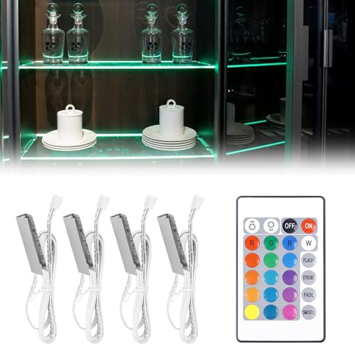 Lot de 4 clips LED pour éclairage de sol en verre, éclairage LED pour vitrines, éclairage LED pour sous-meuble de cuisine, éclairage LED pour armoire avec changement de couleur RVB à distance, pour