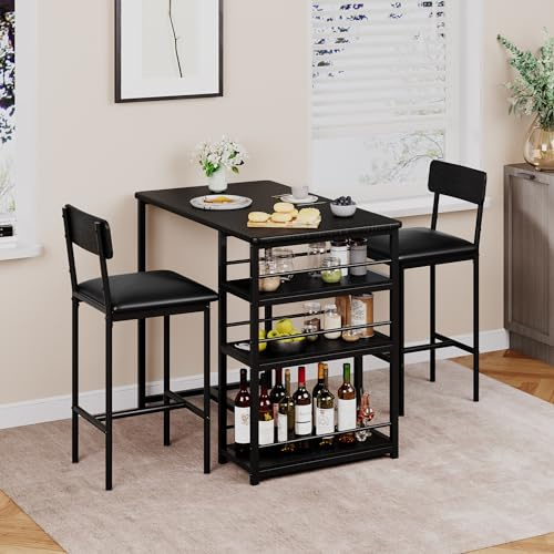 PortoAlegre Bartisch mit Barhocker Set, Esstisch Set für 2 Personen mit 2 Gepolsterten Barstühlen, 3 Ablageflächen Tresentisch Essgruppen für Kleine Räume,Esszimmer, Küche,Schwarz