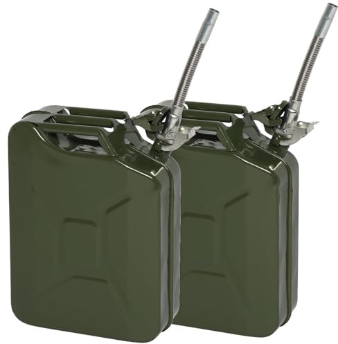 Bonnlo 20L Stahlblech Kraftstoffkanister, Metall Benzinkanister Reservekanister mit CE Standard Ausgießer flexibel, Grün 2pc (Armeegrün x 2)