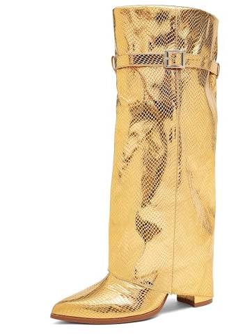 NEWBELLA Women's Knee High Boots - Shiny Faux Leather Slim Fit Trouser Boots, Fashionable Pointed Toe Block Heel Boots for Outfits, Gold 7.5
