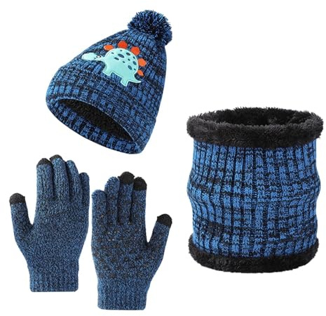 Generisch Bonnet d'hiver tricoté pour garçon avec motif dinosaure, écharpe et bonnet douillet en polaire pour enfant, bleu, 2-8 ans