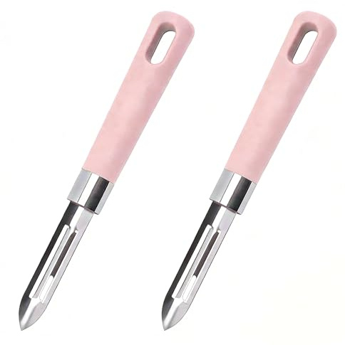 FIGCY Juego de 2 Peladores de Verduras y Patatas, Rosa, Hojas de Acero Inoxidable y Mangos Ergonómicos Antideslizantes, para Patatas, Zanahorias, Pepinos, Manzanas