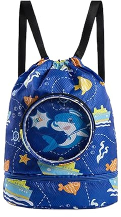 Hshenjhu Bolsa de Natación Niño, Mochila Cuerdas Separación en Seco Húmedo, Niños Mochila de Fitness con Compartimento para Zapatos, Impermeable Bolsa de Deporte para Piscina y Playa, Tiburón Azul