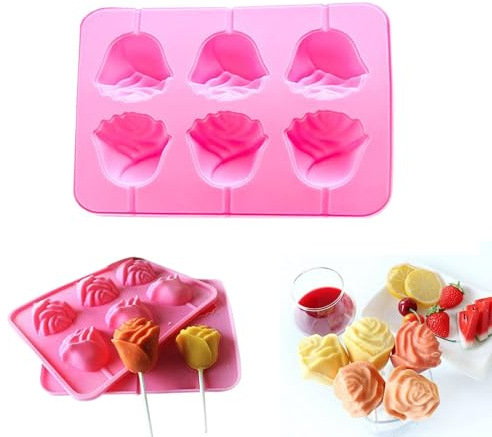 Flower Lollipop Silicone Molds Set, 3D Rose Chocolate Candy Mold with Sticks for Cake Pops, Fondant, Soap, Jelly, Ice, Wedding & Valentine's Day Cake Decorating
