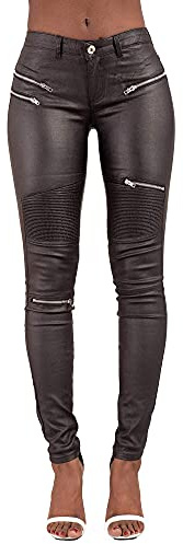 Crazy Lover Women Faux Leather Look Trousers Pants Mid Waist Wet PU Celeb Biker Jeans with Zip (S, Black)