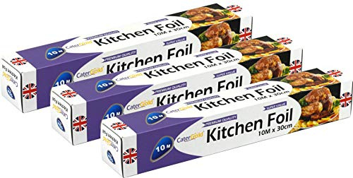 Heavy Duty Aluminium Catering Kitchen Wrapping Baking Tin Foil Non-Stick Foil for Cooking BBQ Roasting Grilling Baking Wrapping Freezing 30cm x 10m (Pack of 3)