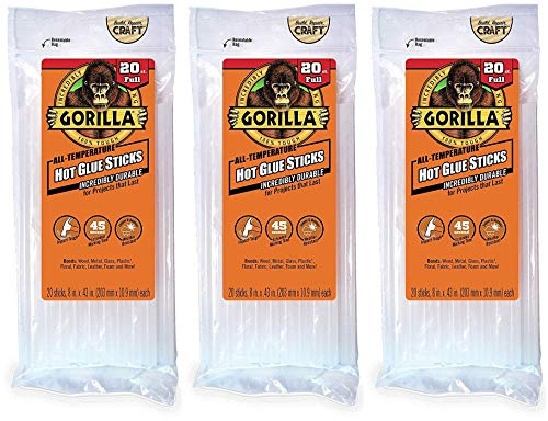 Gorilla Hot Glue Sticks, Full Size, 8 Long x .43 Diameter, 20 Count, Clear, (Pack of 1) (Тhree Pаck)
