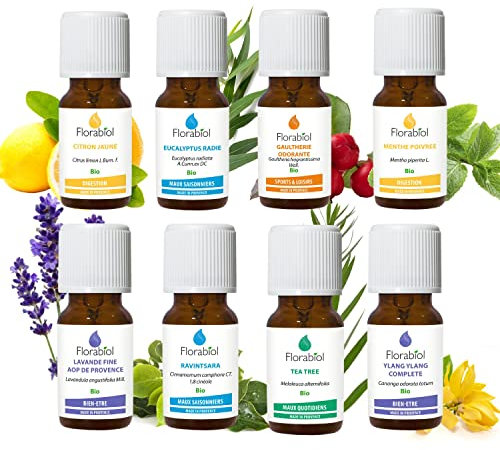 Florabiol | Pack Huiles Essentielles BIO | Citron Jaune - Lavande Fine - Tea Tree - Gaulthérie - Menthe Poivrée - Ravintsara - Eucalyptus Radié - Ylang ylang complète | Pure et Naturelle | 8 x 10 ml