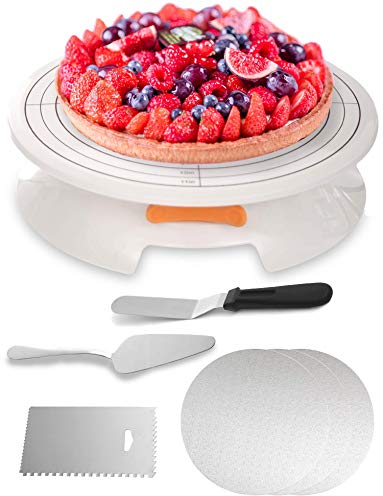 Tortenplatte Drehbar Set 5-teilig - 30cm Drehteller Torte - rutschfest - Zum Dekorieren und Verzieren Weiß