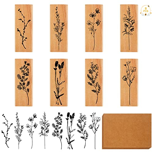 8PCS Wooden Printing Stamps with 20 PCS Kraft Postcard, Vintage Wooden Rubber Stamps Plant and Flower Decorative Scrapbook Rubber Stamps for Card Making Scrapbooking DIY Crafts