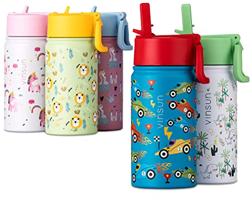 VINSUN Trinkflasche Kinder 350ml mit Strohhalm Deckel - auslaufsicher, Edelstahl, BPA frei, Kohlensäure geeignet - blaue Isolierflasche mit Autos für Kindergarten, Schule, Sport