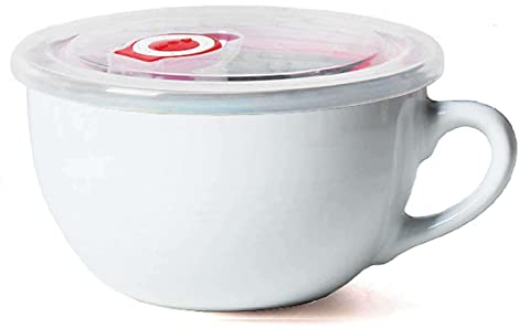 Yi Chen 700ml Keramik Suppentassen Frühstückstasse Mit Henkel,Breit Groß Kaffee Tassen Mikrowelle Getreide Suppenschüsseln Für Milch Cappuccino Haferflocken-Weiß-mit Deckel