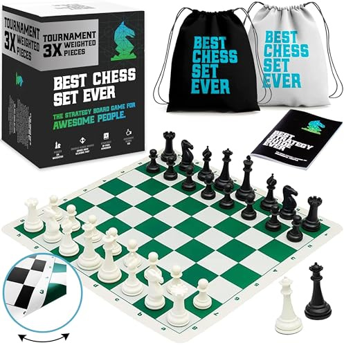 Best Chess Set Ever 3X – Turnierschachset mit 20 Silikonbrett (Patentiert, Beidseitig & Aufrollbar), König 10,3 cm, Dreifach Gewichtet – Schachspiel hochwertig & robust für Erwachsene & Kinder