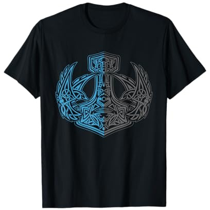 Viking Valhalla Krieger Normanne Runenkreis Götter Rabe Raben Odins Thors Hammer Mjölnir Walhalla Wikinger Fan T-Shirt Schwarz S 36/38 EU Klassisch geschnitten Kurzarm Rundhals Männer Winter Frühling