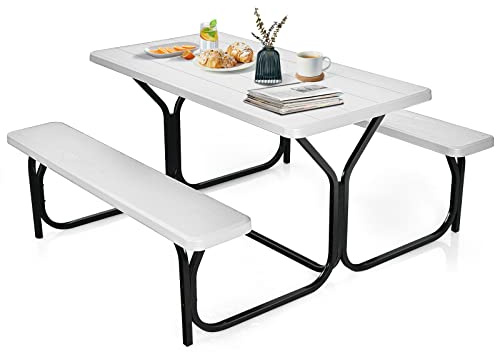 GOPLUS Bierzeltgarnitur Campingtisch mit 2 Bänken, Picknick Sitzgarnitur mit HDPE-Tischplatte & Stabilem Metallgestell, Gartensitzgruppe für 4 Personen, 137 x 150 x 72 cm (Weiß)