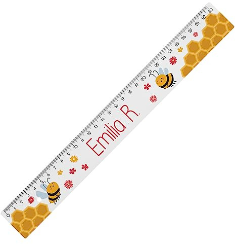 Striefchen® Lineal für Schule, Freizeit und Schreibtisch, bedruckt mit Wunschname und verschiedenen Motiven zur Wahl, Kunststoff, 2 Größen 30 cm, Bienchen