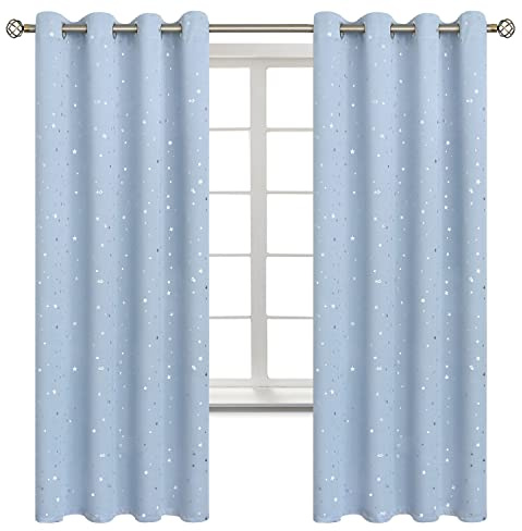 BGment Verdunkelungsvorhänge für Kinderzimmer, mit Ösen, wärmeisoliert, silberfarbener Sternendruck, Kindervorhänge für Wohnzimmer, Set mit 2 Paneelen, Babyblau, 132 x 183 cm
