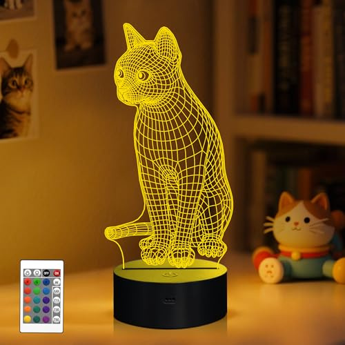 Attivolife Katzen Nachtlicht, 3D Kätzchen Illusions Hologramm LED Lampe mit 16 Farbwechseln & Fernbedienung & Dimmbar, Schlafzimmerdekoration Bestes Geburtstags Weihnachts Geschenk für Kind, Mädchen