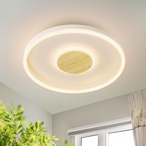 LUOLONG LED Deckenleuchte Holz Rund Deckenlampe 50cm 45W Dimmbar Schlafzimmerlampe 3000-6000K Weiß Deckenleuchte LED Holz wohnzimmerlampe kinderzimmer Studie Deckenleuchten mit Fernbedienung
