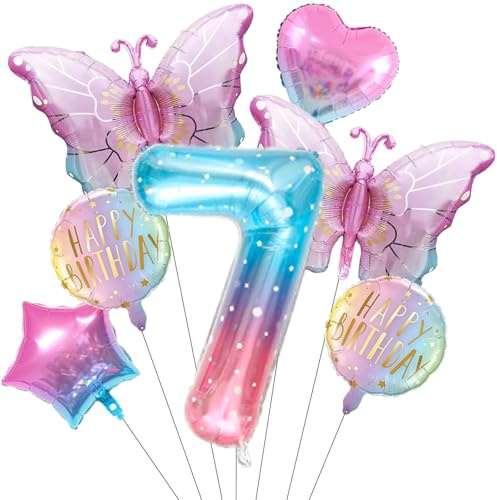 PPGGOPP 7 Stück Schmetterling Deko Geburtstag, Schmetterling Folienballon 7 Jahre, Bunt Schmetterlinge Geburtstagsdeko, für Mädchen Geburtstag Jubiläum Motto Party Dekoration