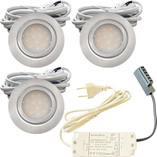 3er Set IP44 LED Möbeleinbauleuchte 12V flach 2,4W Möbelspot New Lina 200lm Edelstahl geb. inkl. LED Trafo, 230V Zuleitung mit Stecker und AMP Verteiler 3000K Warmweiß Lochausschnitt: 55 bis 60mm