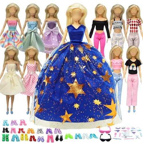Doll Clothes Compatible with Barbie Clothes, 56 Pcs Including 1 Blue Wedding Dress 3 Fashion Dress 2 Top 2 Pants 20 Shoes 18 Accessories in Random for 11.5 inch Dolls on Chiristmas, Birthday