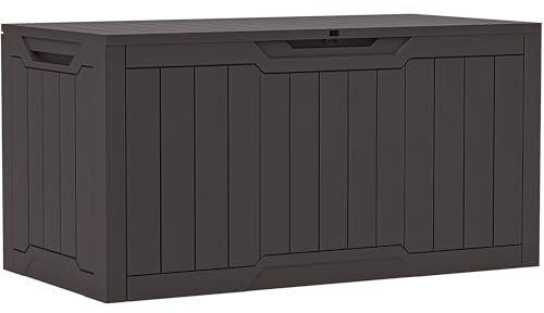 YITAHOME 100-Gallonen-Harz-Deckbox, wetterfest Außenspeicherbox, verschließbarer Innen- und Außenspeicher für Zubehör und Grundbedarf, dunkelbraun