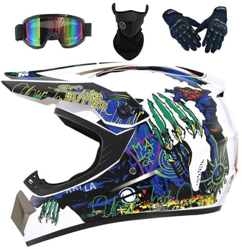 Jóvenes Cascos, Bicicletas de Los Niños Casco de Equitación, Niño Y Una Niña de Esquí ATV Casco con Gafas Guantes MáScara, Dot Certificación, Adecuado para Todas Las Estaciones(2 White,L(56-57cm))