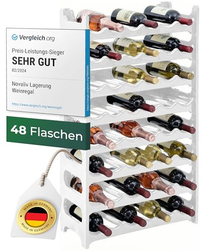 Novaliv Weißes, Modulares Flaschenregal für 48 Weinflaschen - Stapelbar, Erweiterbar, Robust - Ideal für Weinlagerung in Keller, Gastronomie & Zuhause, Getränkeschrank, Weinregal stapelbar