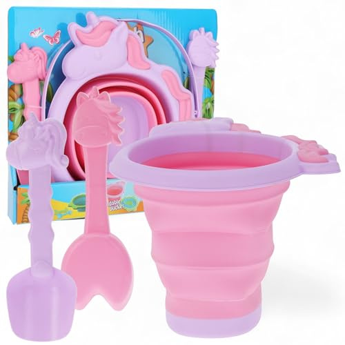 MIJOMA Secchio da spiaggia pieghevole con 2 pale – giocattolo di sabbia per bambini – compatto e leggero – per spiaggia, giardino e vacanze (design unicorno)