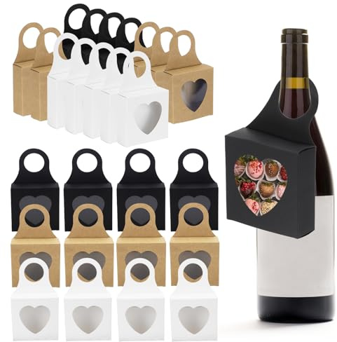 PATIKIL 3.5x3.5x1.2 Kraft Paper Wine Bottle Boxes with Heart Window & Handle, 36 Pack Small Treat Gift Box for Wine Bottles, Wedding Party Favors, Christmas Gifts, Black/White/Brown