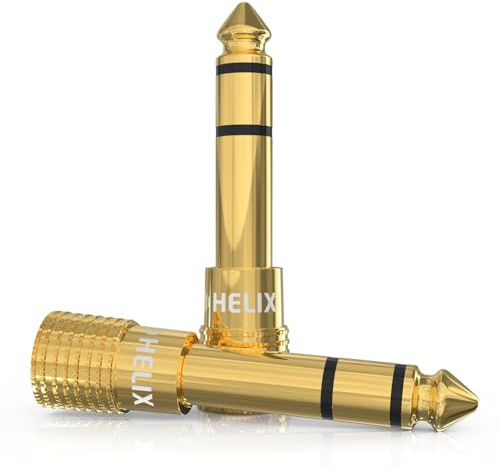 Helix Five Headphone Adapter – 3.5mm to 6.35mm Audio Jack Converter - 1/4 Inch Stereo Jack Plug - Gold-Plated 3.5 to 1/4 Adapter for Headphones, Amps, Mixers, Instruments, Aux, Phono (Pack of 2)