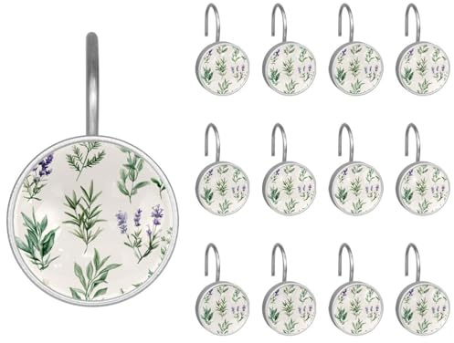 12 ganci decorativi rotondi per tenda da doccia, erbe ad acquerello su sfondo chiaro, antiruggine, anelli per tende da bagno per aste da doccia e fodera