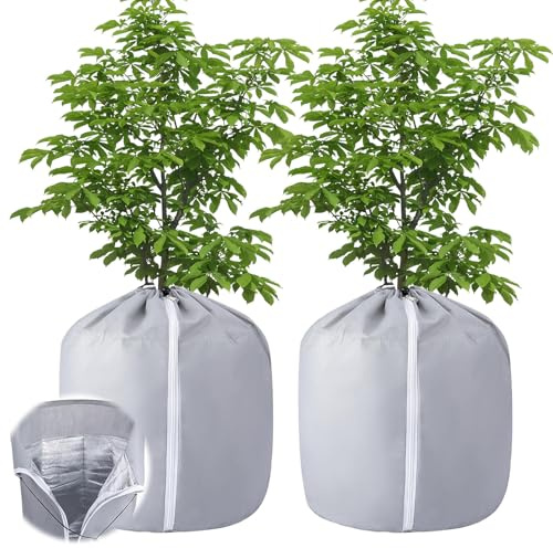 2 Stück Thermo Topfschutz - 50x45cm Topfpflanzen Schutzbeutel für Pflanzen in Aussenbereichen, Winterschutz Topfschutz mit Zugband, Frost Schutz für kübelpflanzen Pflanzkübel Pflanztöpfe (Grau)