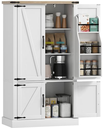 HOMCOM Buffet de Cuisine, Armoire de Cuisine, vaisselier, 4 Portes, 6 Porte-épices et étagères réglables, Style Rustique, Meuble de Rangement pour Salon, Salle à Manger, 76,3 x 40 x 136 cm, Blanc