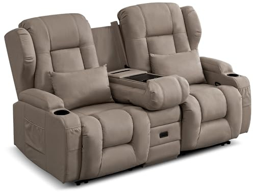 SITURAY 2er Relaxsessel mit Liegefunktion, Zweisitzer Fernsehsessel 2 Sitzer TV Sessel mit Konsole, Manuell Verstellbar Doppel Kinosessel bis 360 kg (Khaki)