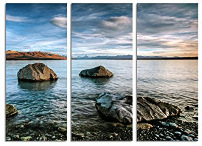 Paul Sinus Art 130x90cm – Keilrahmenbild Mirror Lakes Seen Neuseeland blaue Stunde 3teiliges Wandbild auf Leinwand und Keilrahmen - Fotobild Kunstdruck Artprint