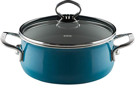 Riess 0707-010 - Casseruola con coperchio in vetro, modello NoUVELLE, Aquamarin, extra forte, diametro 16 cm, altezza 14,5 cm, capacità 1 l, smaltata
