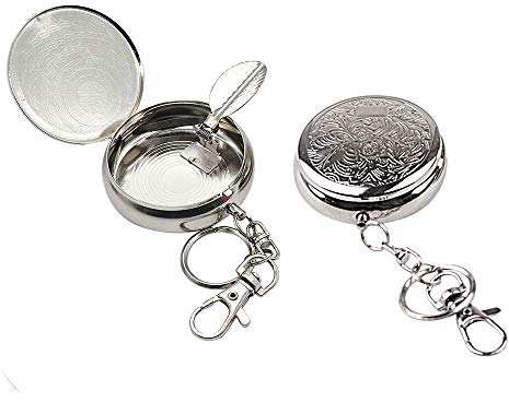 2 Stück Tragbar Tasche Aschenbecher, Mini Edelstahl Fahrzeug Zigaretten Aschenbecher mit Schlüsselanhänger und Zigarettenhalter, Moderne Reiseaschenbecher für Reisen Camping und Outdoor(Silber)