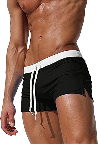 Herrbadbyxor snabbtorkande badshorts justerbar dragsko boxershorts badkläder bräda shorts med dragkedja bak, Svart, M